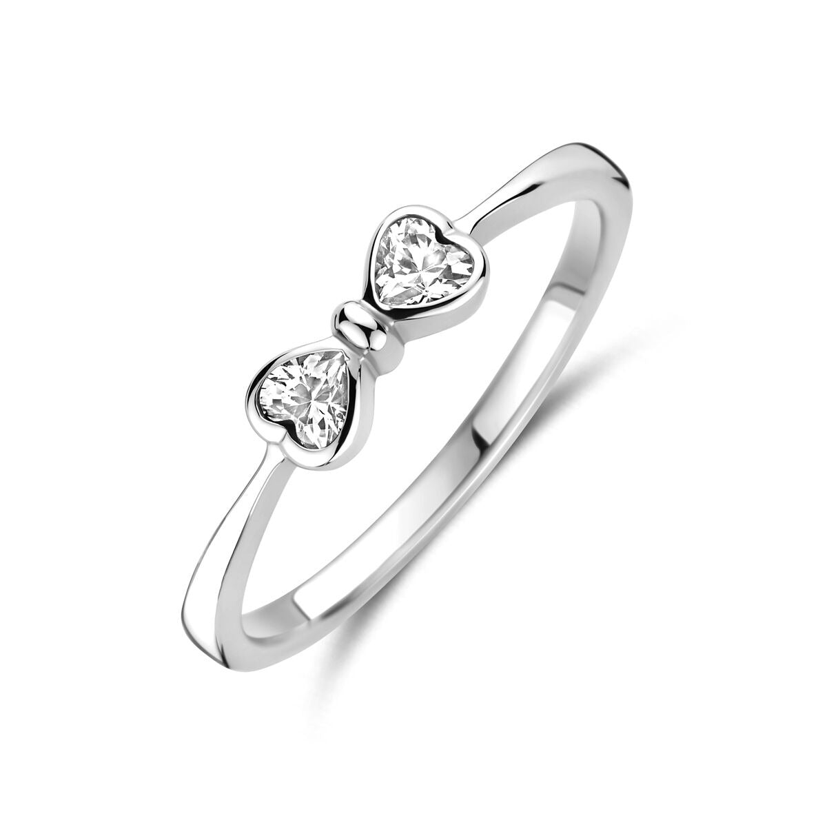 Anillo de plata con forma de lazo y circonitas, acabado en rodio.
