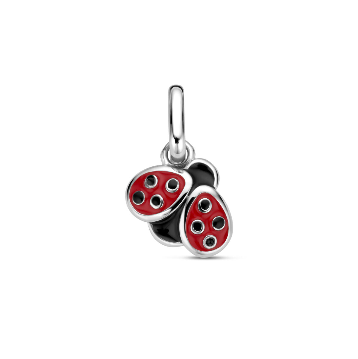 Colgante infantil de mariquita en plata con esmalte rojo y negro.