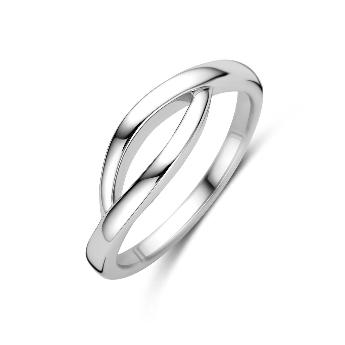 Anillo de plata rodiada para dama, de 6 mm de ancho, con un diseño entrelazado y pulido.
