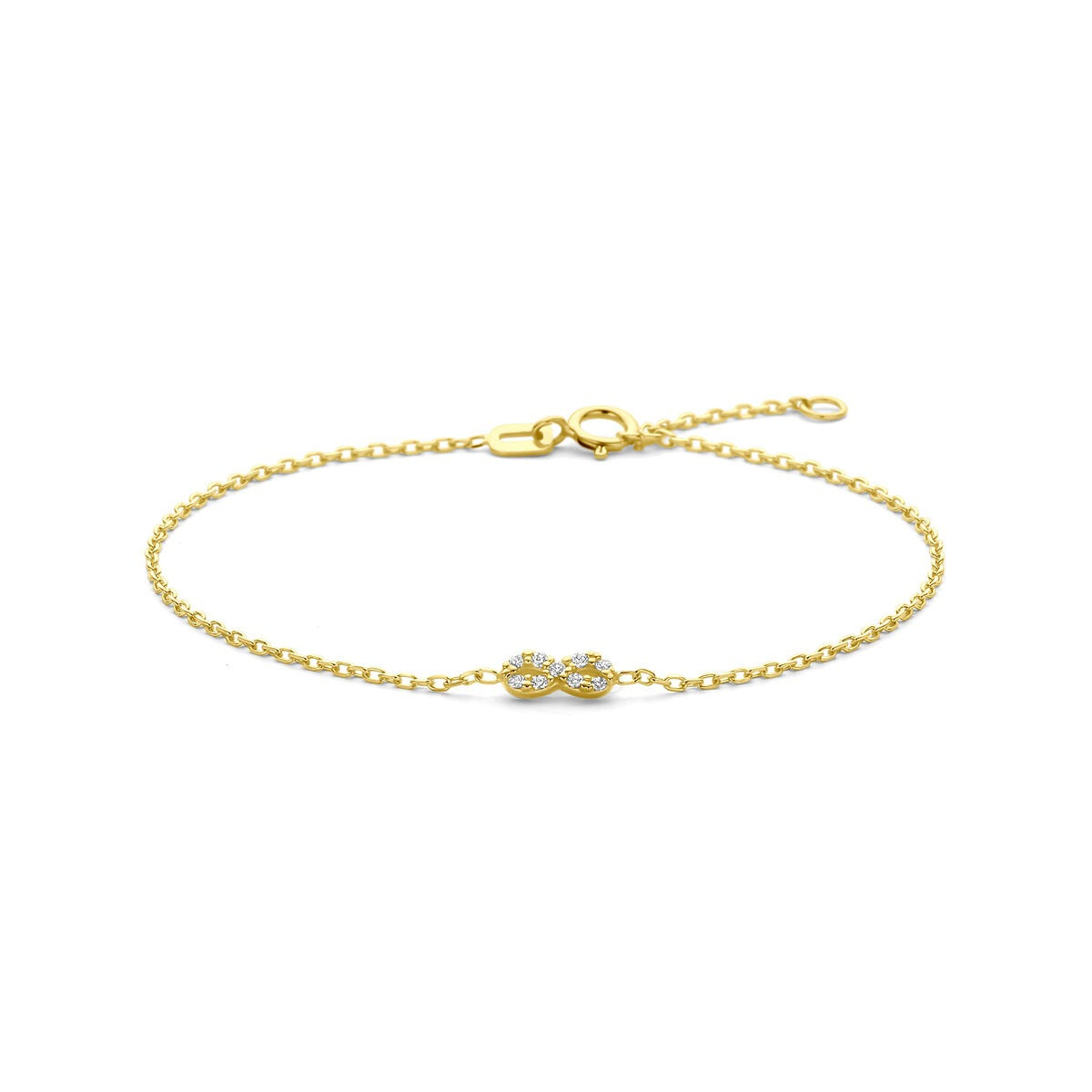 Pulsera de oro amarillo de 14k con símbolo de infinito y zirconias brillantes.