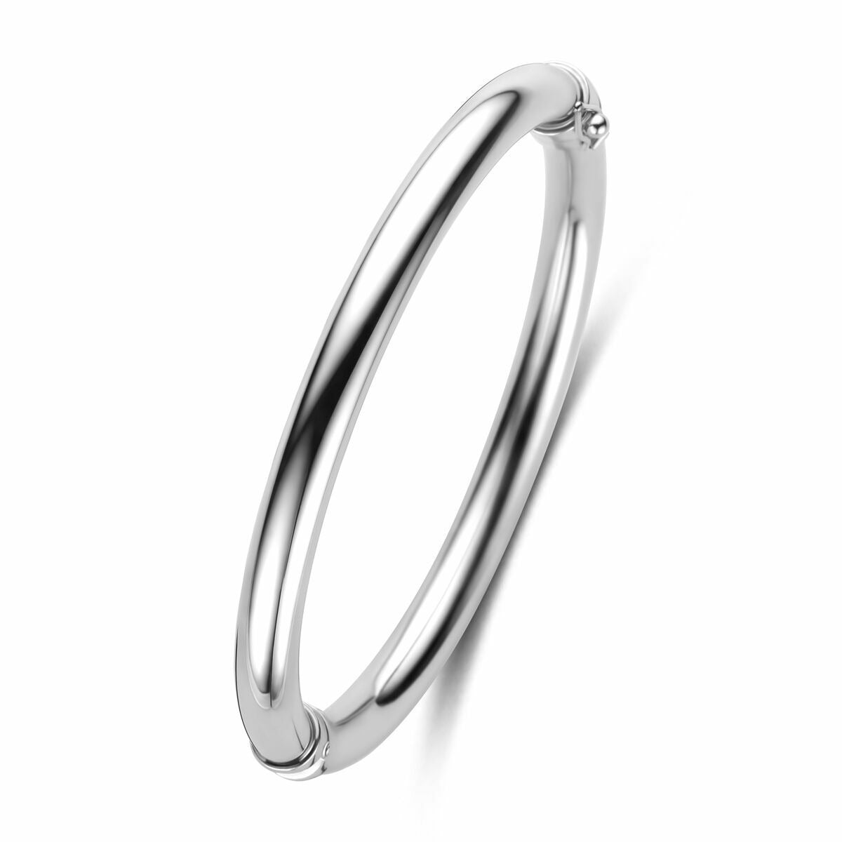 Pulsera bangle plateada, con diseño liso y elegante, forma circular y acabado brillante.