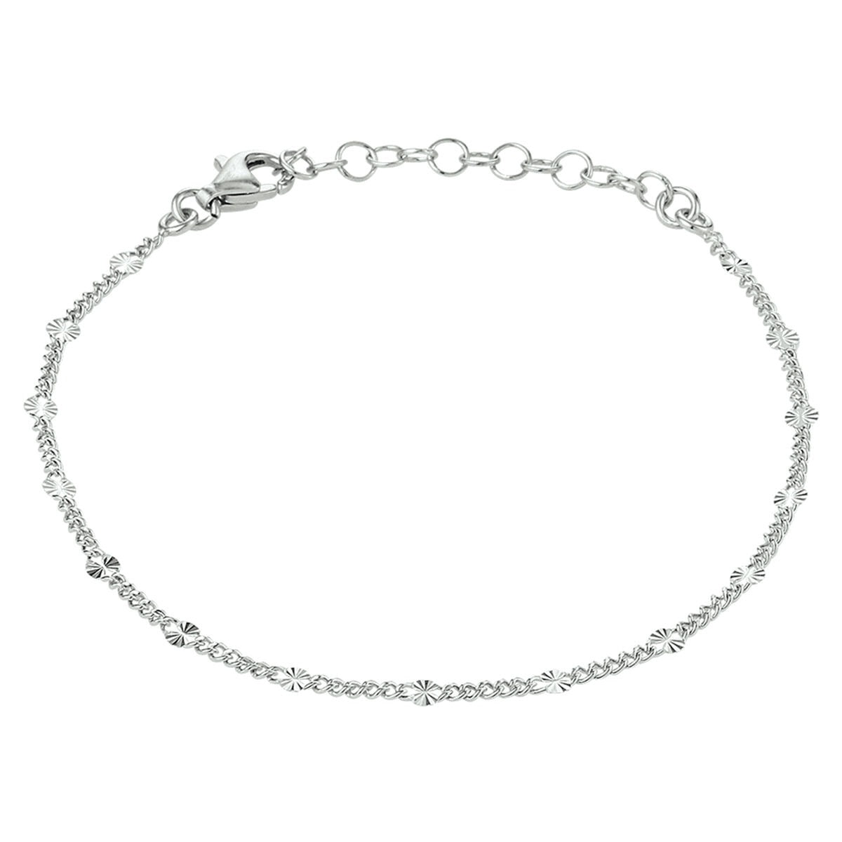 Anillo de tobillo de plata gourmet con eslabones, acabado rodiado y detalles brillantes.