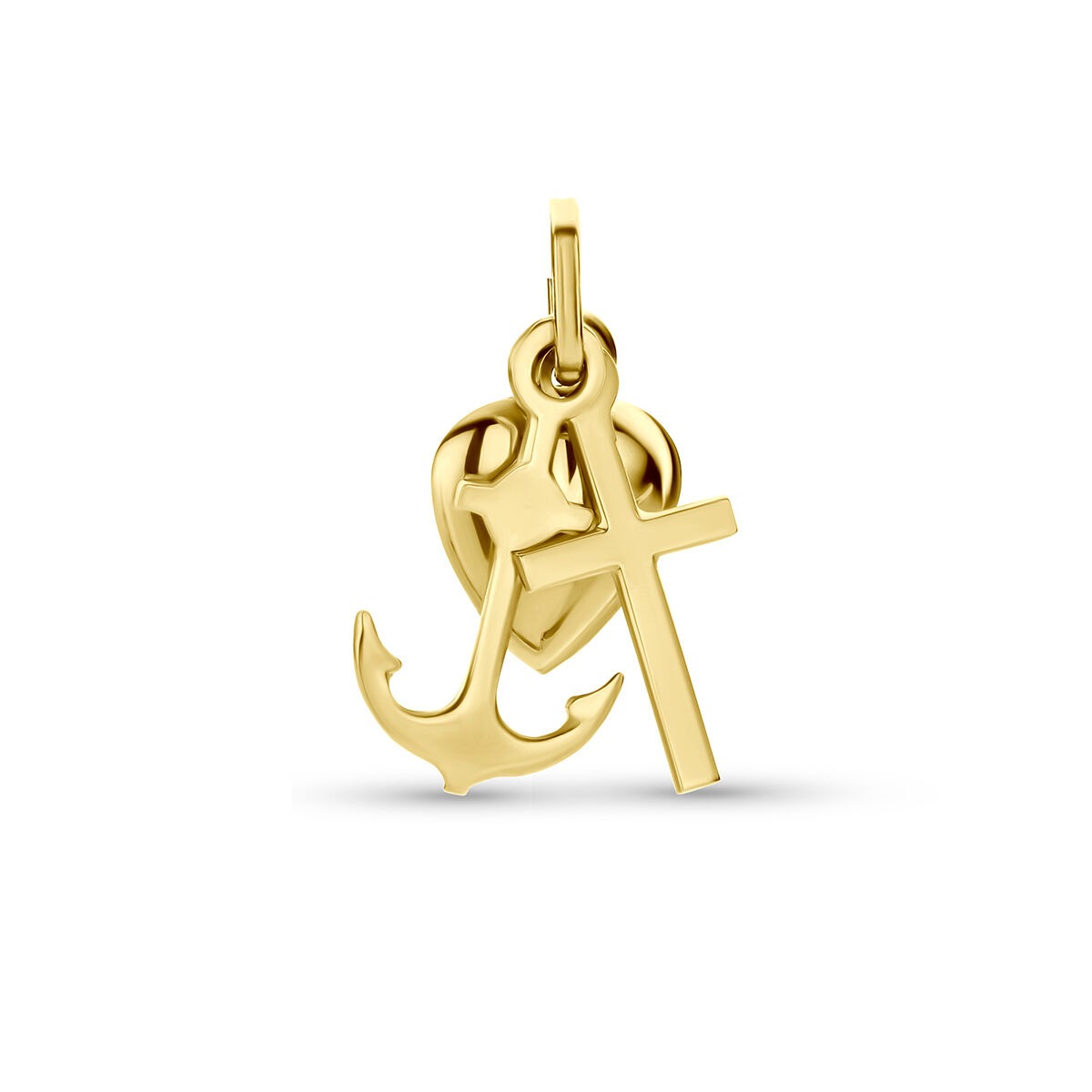 Colgante de corazón con ancla y cruz en oro amarillo de 9 quilates.