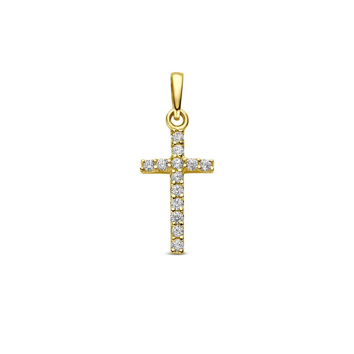 Pendientes de oro amarillo de 9k con perla de agua dulce, en forma de cruz decorada con piedras brillantes.