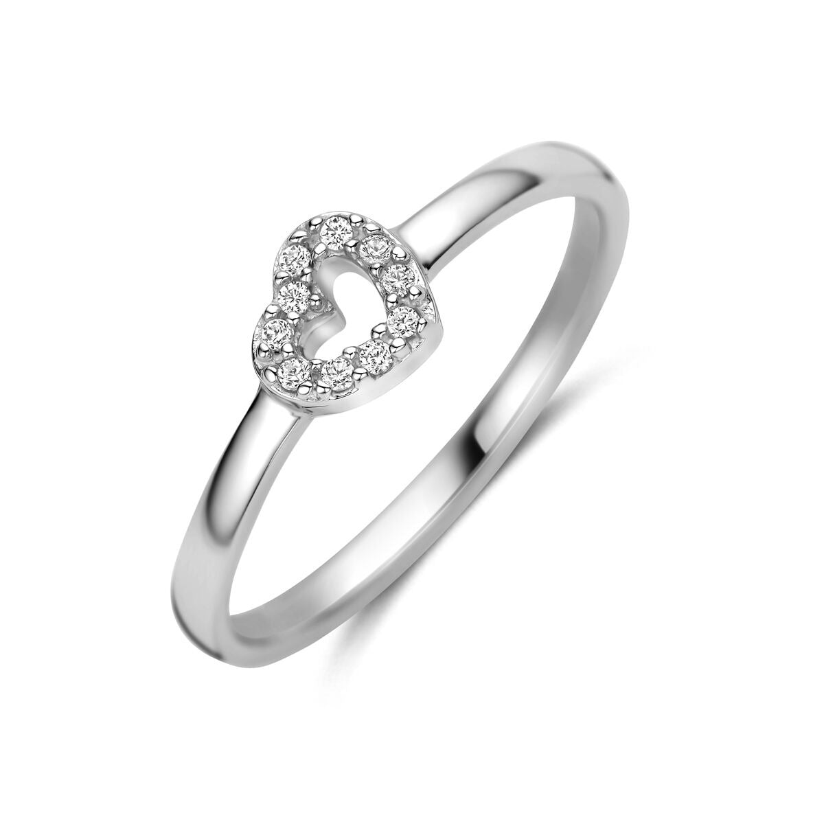 Anillo de plata 925 rodiada con forma de corazón y circonitas brillantes.