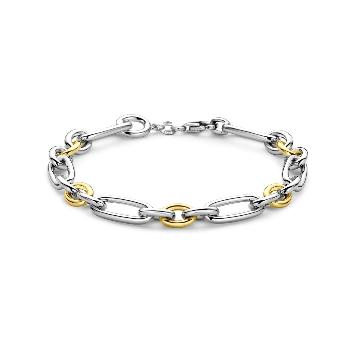 Pulsera de ancla en oro amarillo de 14k y plata, con eslabones alternos y detalles dorados.