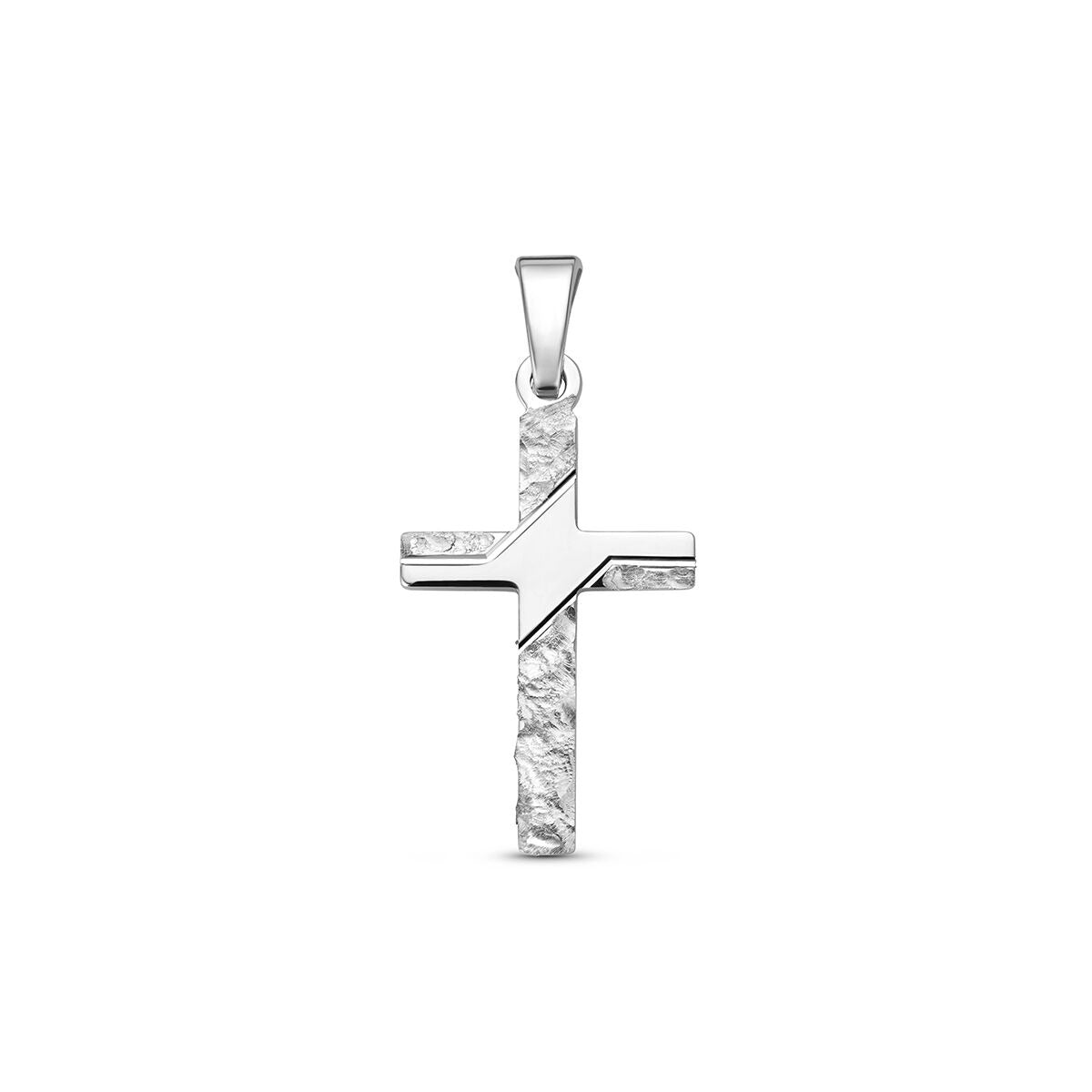 Colgante de cruz de plata 925 con acabado rodiado y detalles texturizados.