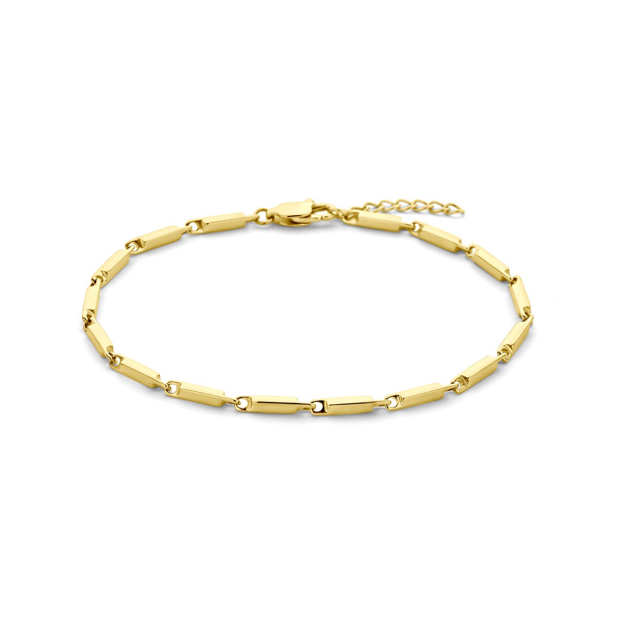 Pulsera de acero color dorado de 2.5 mm con eslabones alargados y extensión.
