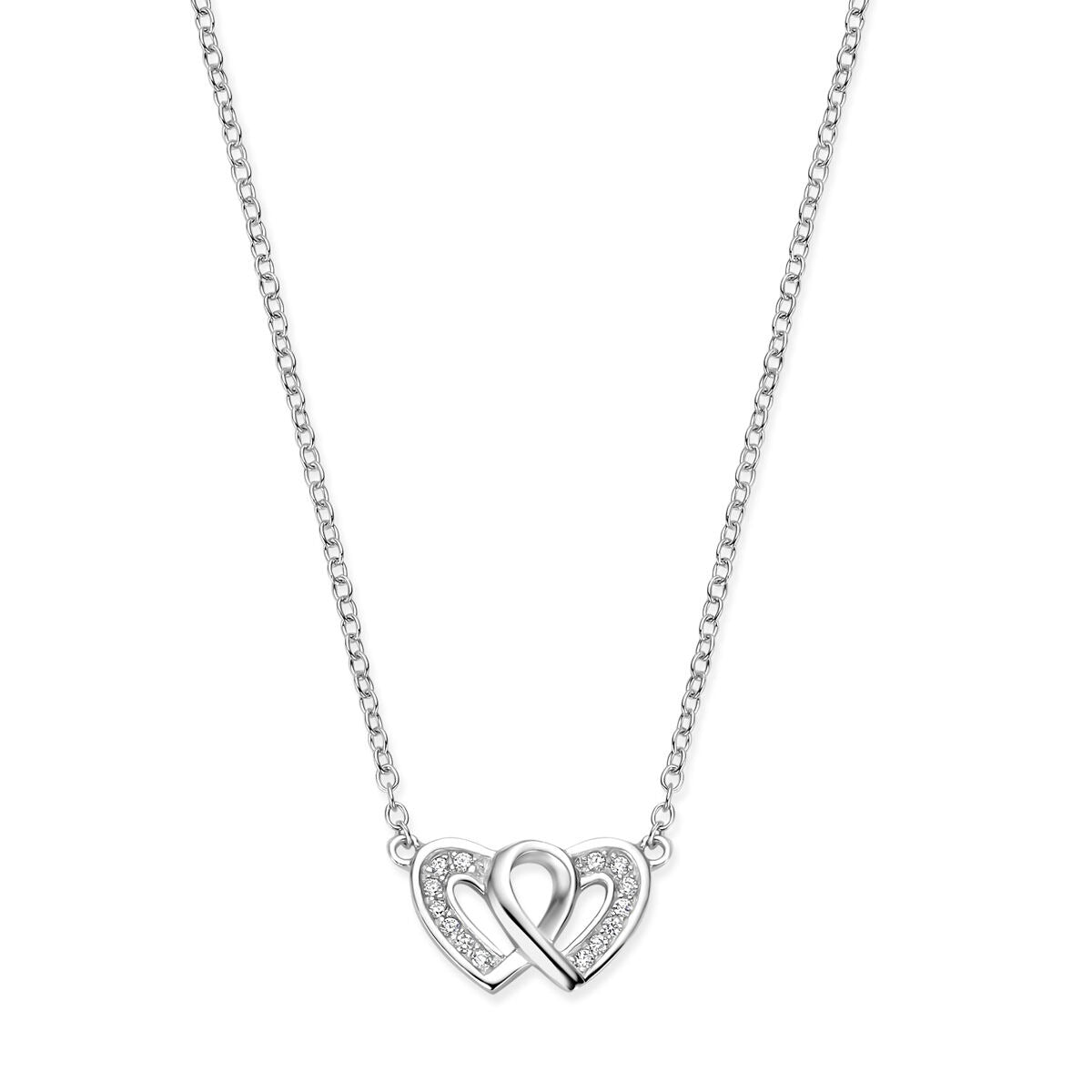 Collar de plata rodiada con dos corazones entrelazados y detalles de circonitas.