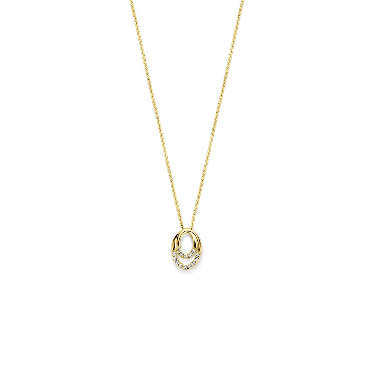 Collar dorado de 14k con zircón en engaste de entourage, con cadena fina y colgante ovalado.