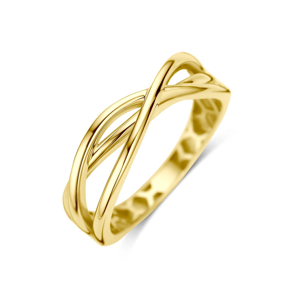 Anillo de oro amarillo de 9 quilates con diseño entrelazado y acabado pulido.
