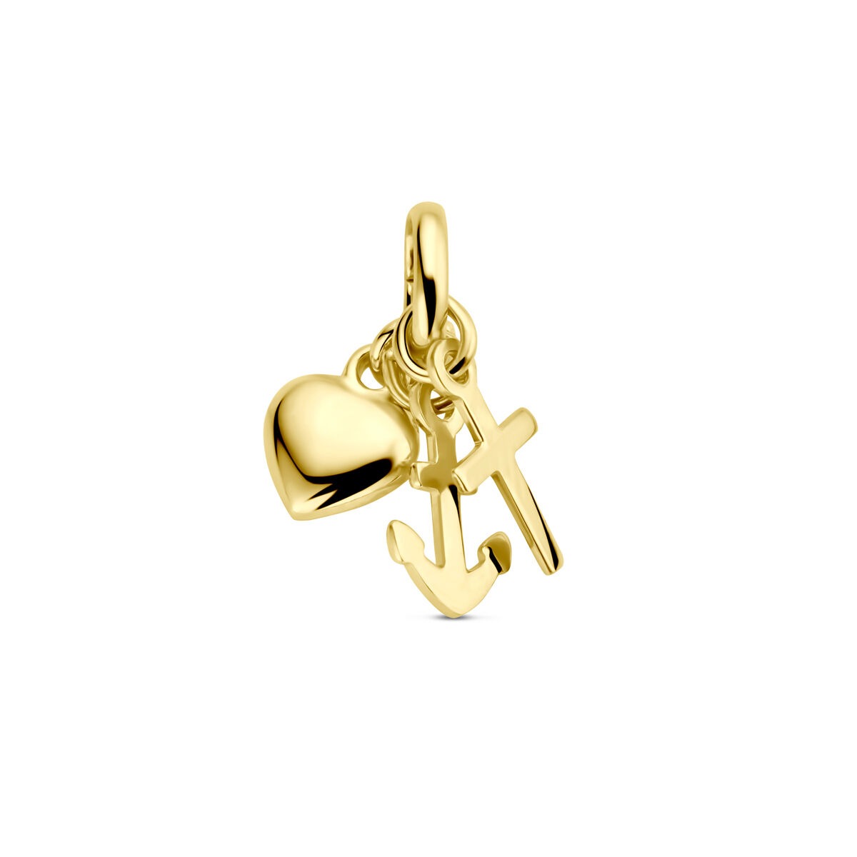 Colgante de oro amarillo de 9k con un corazón, una cruz y un ancla.