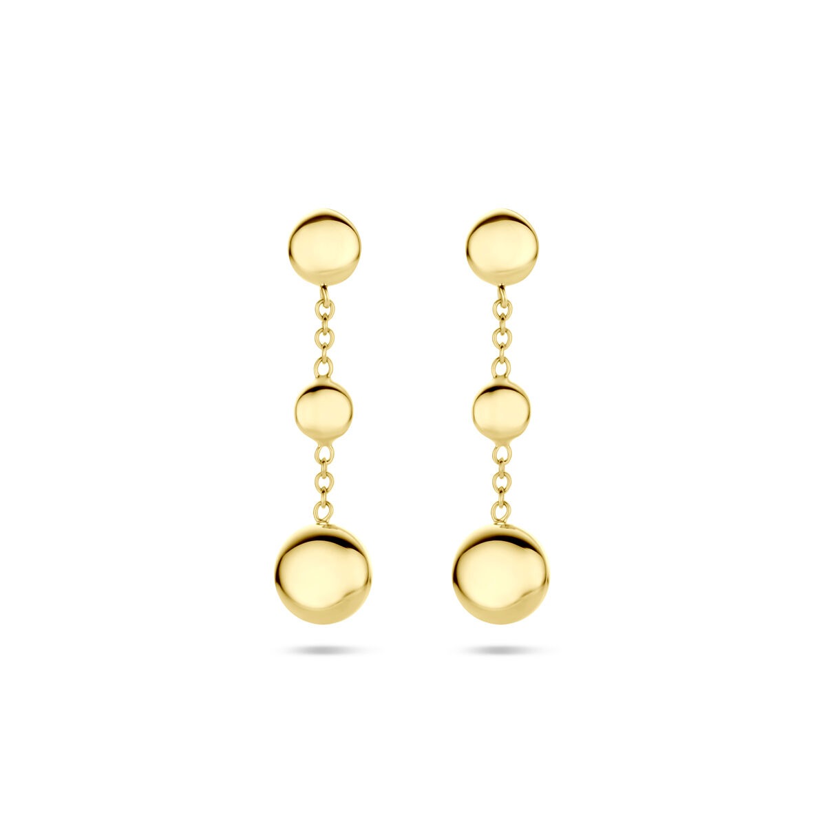 Pendientes largos de 14K en oro amarillo con esferas brillantes de diferentes tamaños.