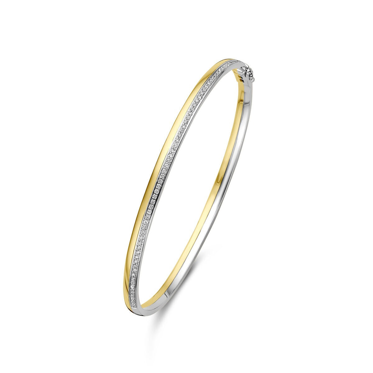 Brazalete bicolor de oro de 14k con diamante, con acabado brillante y diseño delgado.