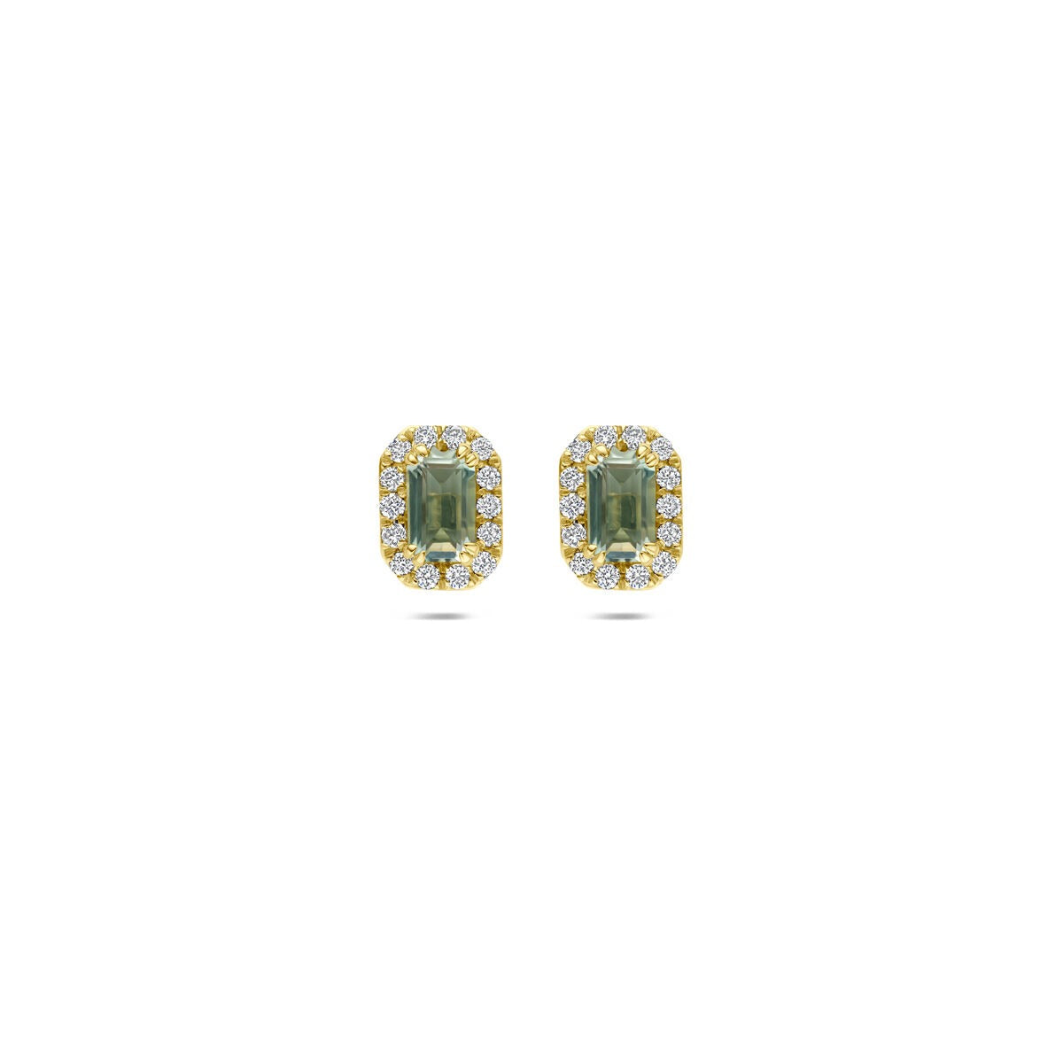 Pendientes de oro amarillo de 14k con amatista verde y diamantes cultivados en laboratorio.