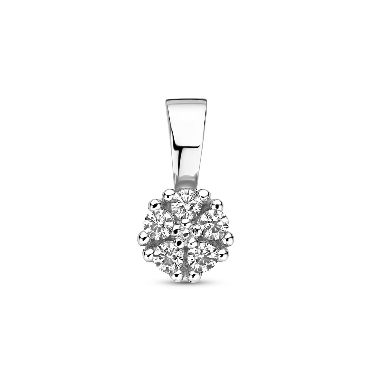 Colgante de plata 925 rodiada con circonitas brillantes en forma de flor.