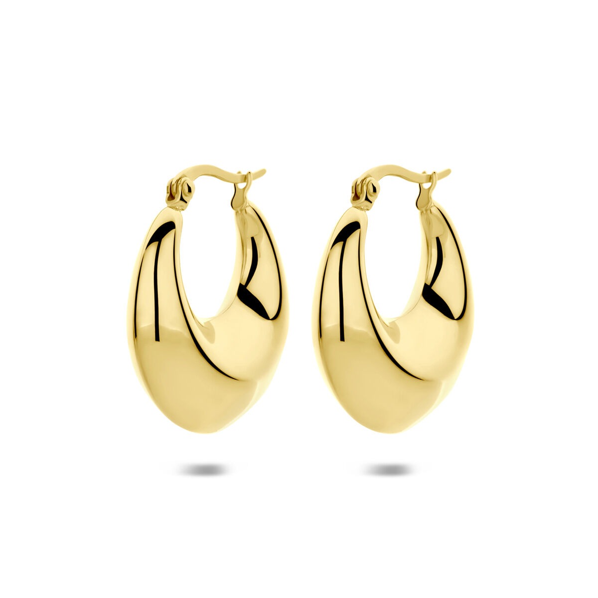 Pendientes de aro dorados de acero, con forma curva y acabado brillante, de 28x10 mm.