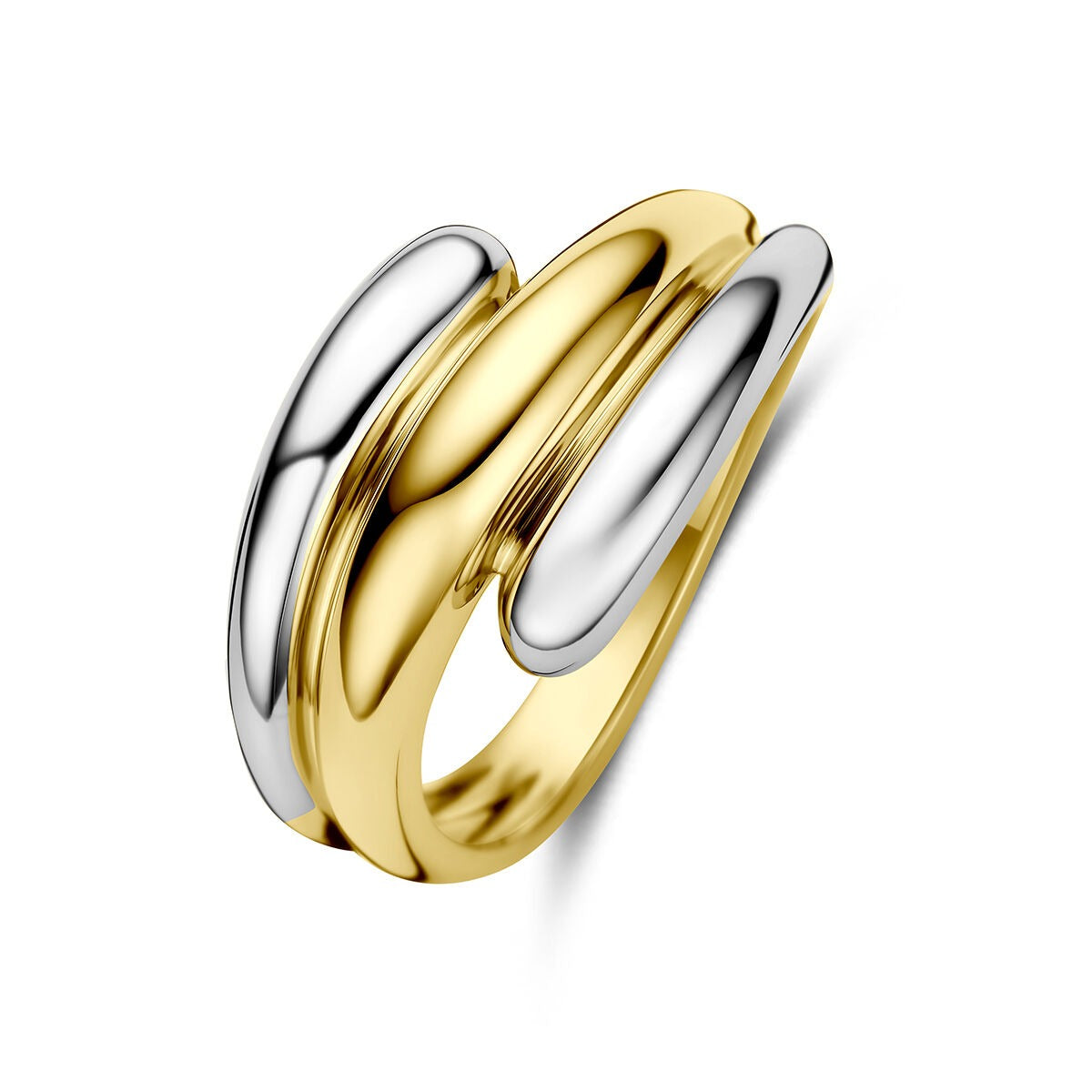 Anillo bicolor de oro amarillo y blanco con un diseño moderno y pulido.