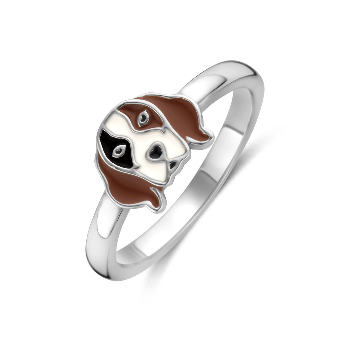 Anillo infantil de plata rodiada con diseño de cabeza de perro en tonos marrón y blanco.