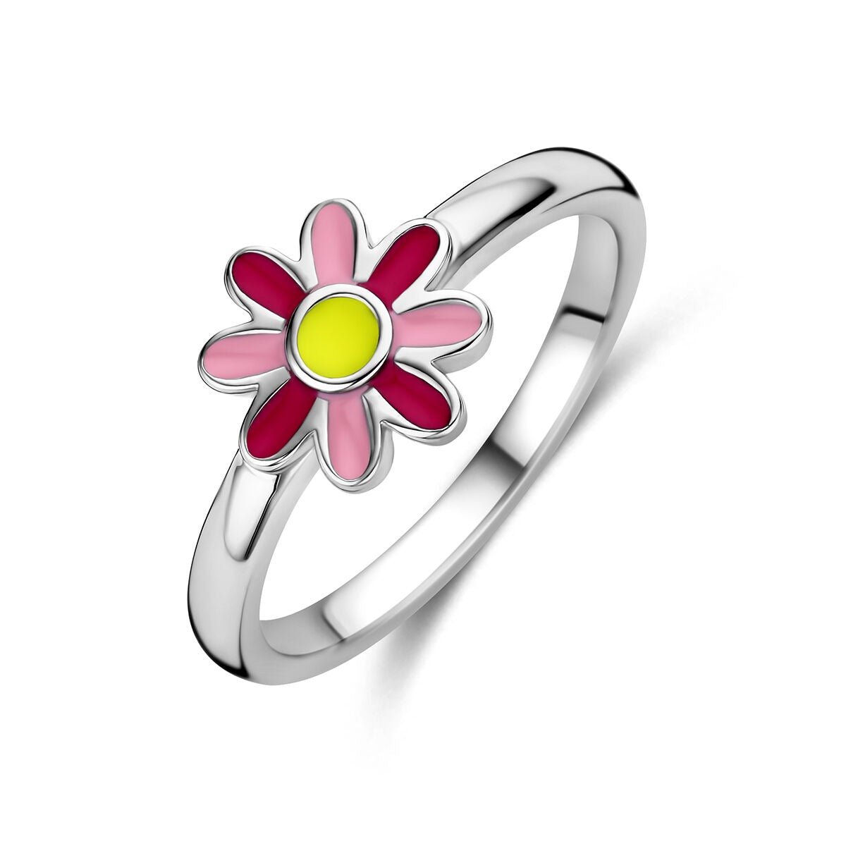 Anillo de plata 925 rodiada con una flor de esmalte en tonos rosa y amarillo.