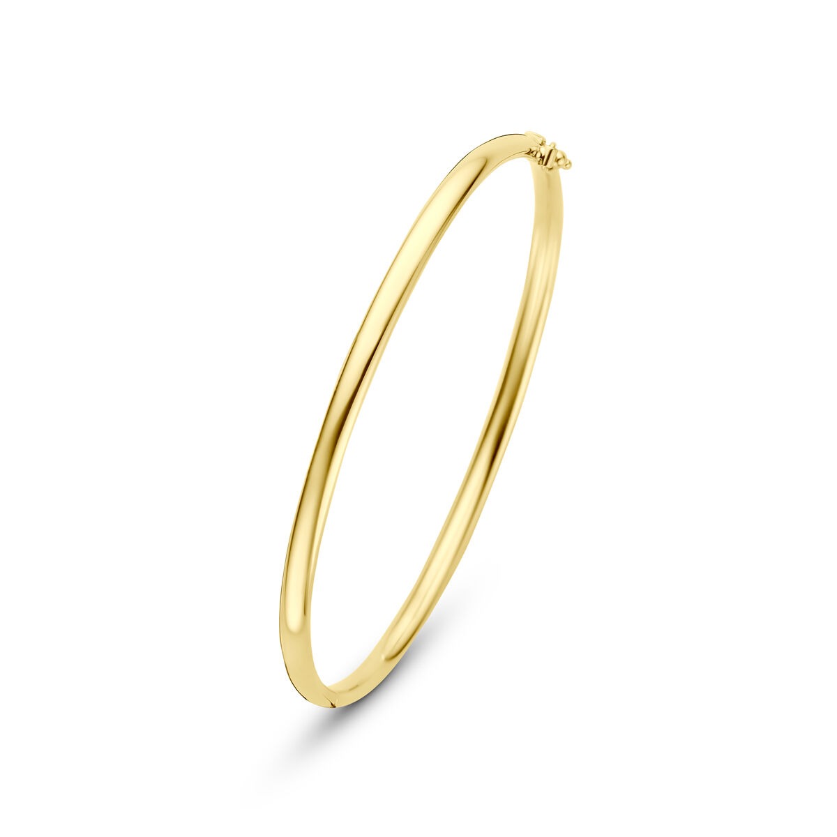 Brazalete bangle de oro amarillo de 9 quilates con núcleo plateado, diseño simple y elegante.