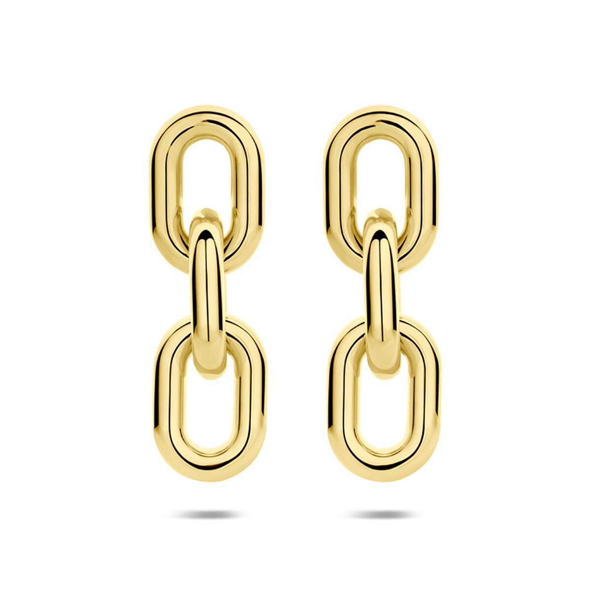 Pendientes largos de acero color dorado de 65 mm con forma ovalada y eslabones entrelazados.