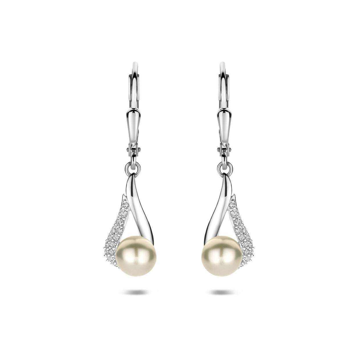 Pendientes largos de plata con perla y circonitas, acabado en rodio, de 30 mm.