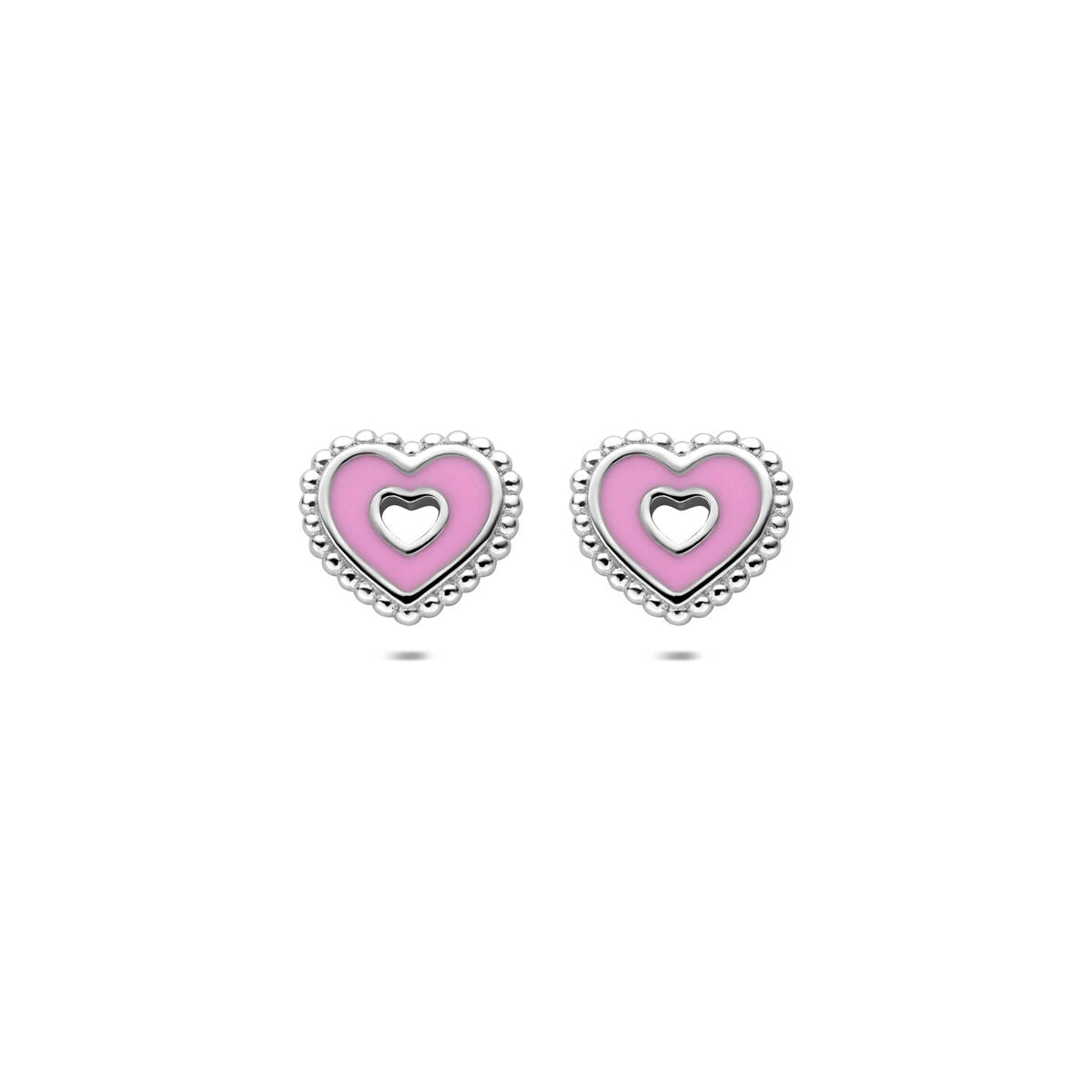 Pendientes de botón de plata en forma de corazón – joya infantil chapada en rodio 8,5 mm
