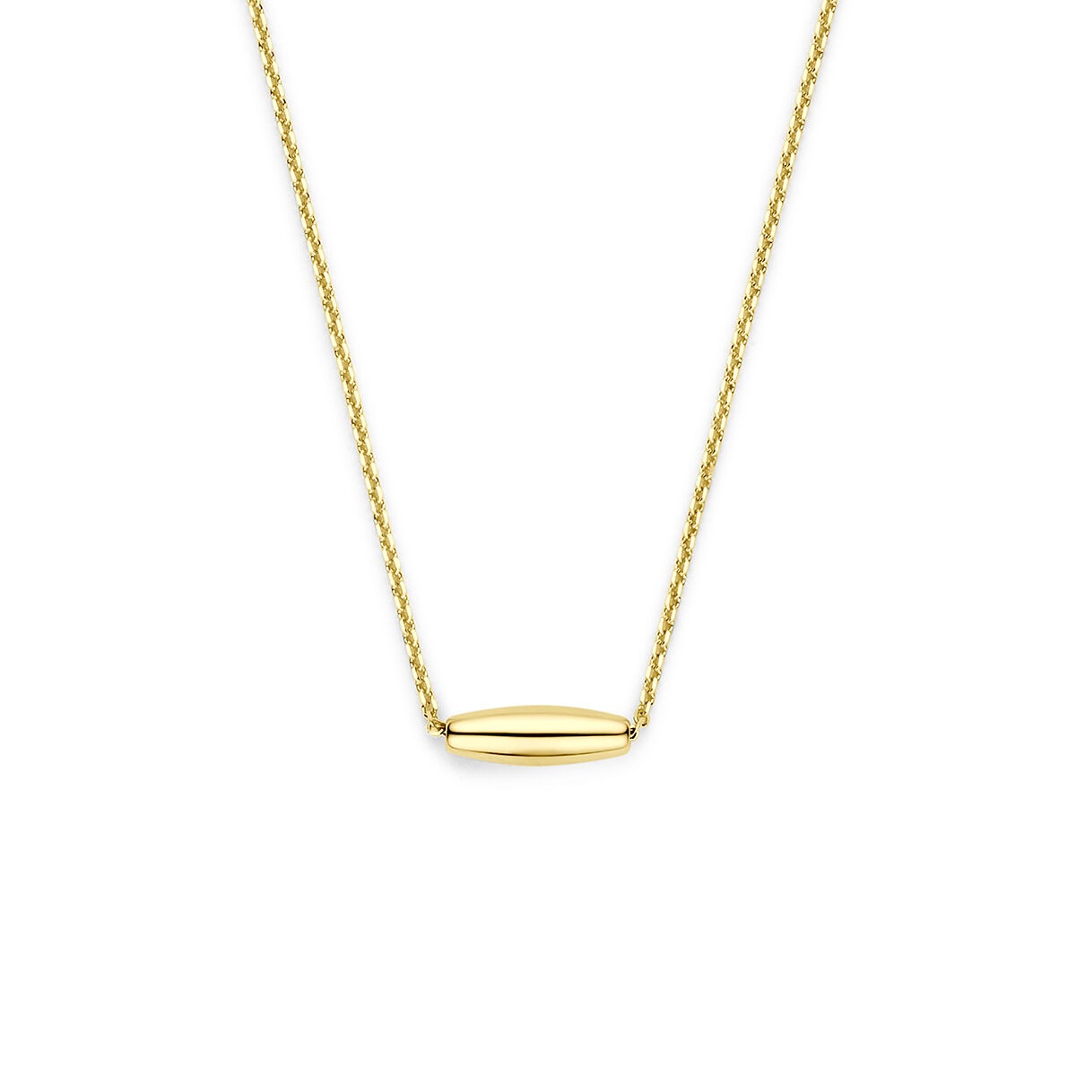 Geelgouden collier met een eenvoudige balkje hanger, fijne schakelketting.