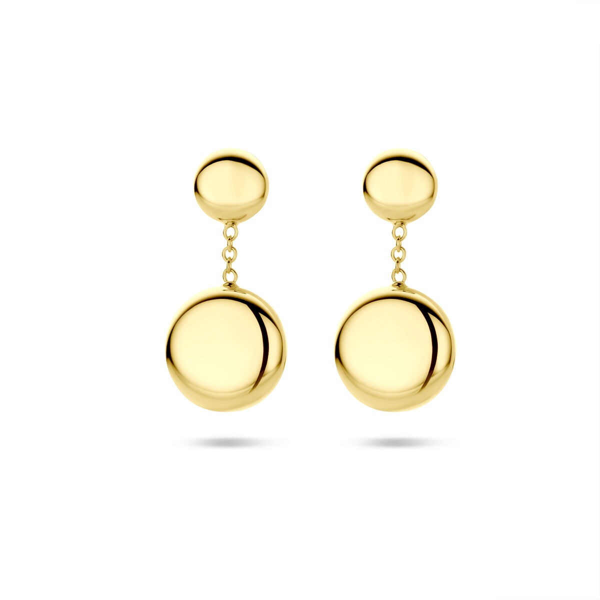 Pendientes largos de oro amarillo de 14k con forma redonda y acabado pulido.