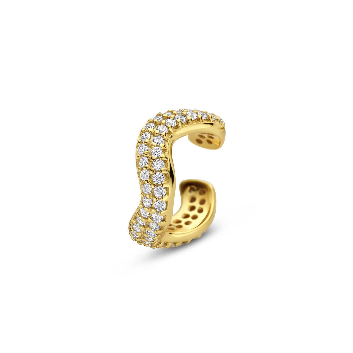 Ear cuff dorado de plata con circonitas, diseño ondulado y brillante, sin necesidad de perforación.