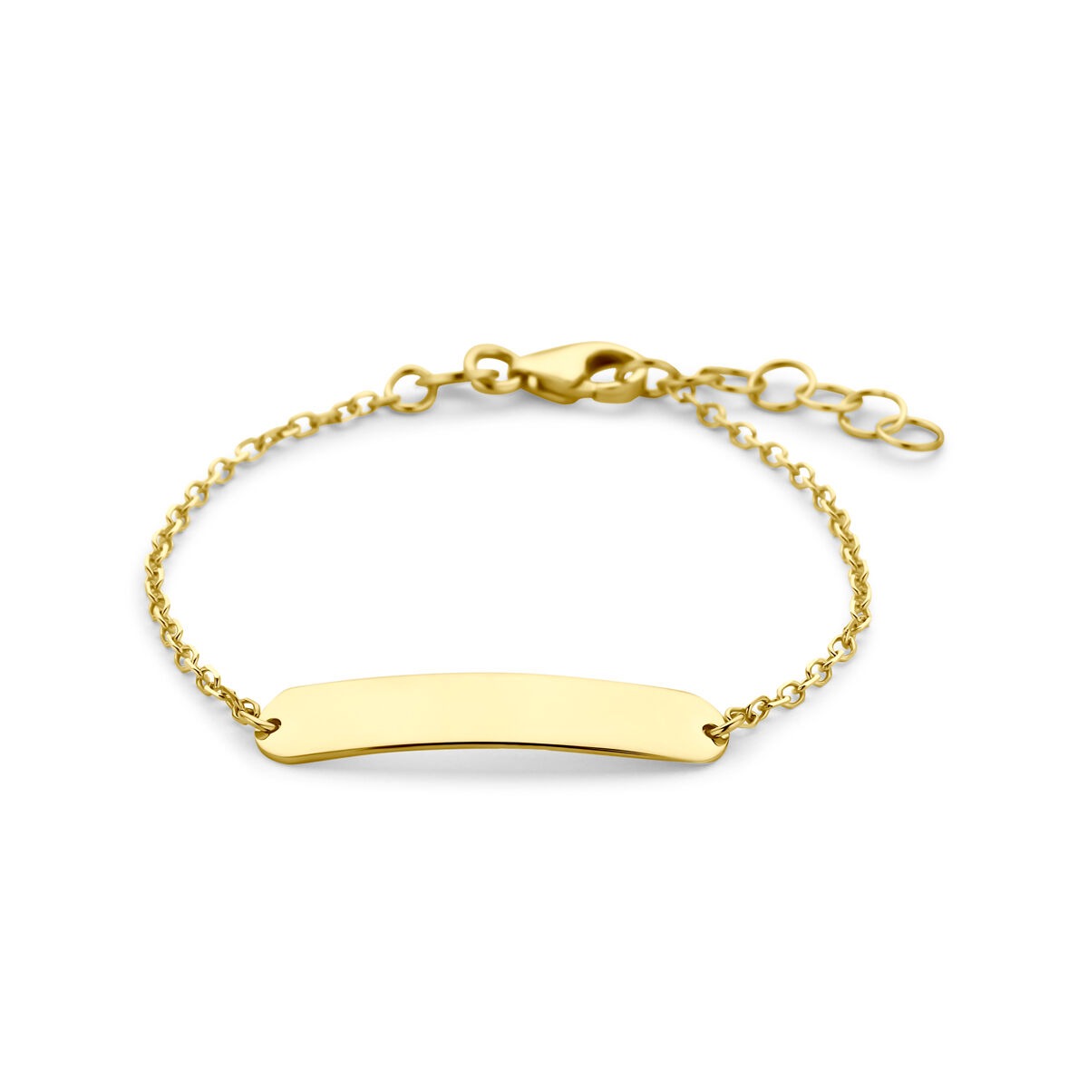 Pulsera de oro amarillo de 9 quilates con placa para grabar y cadena ajustable.