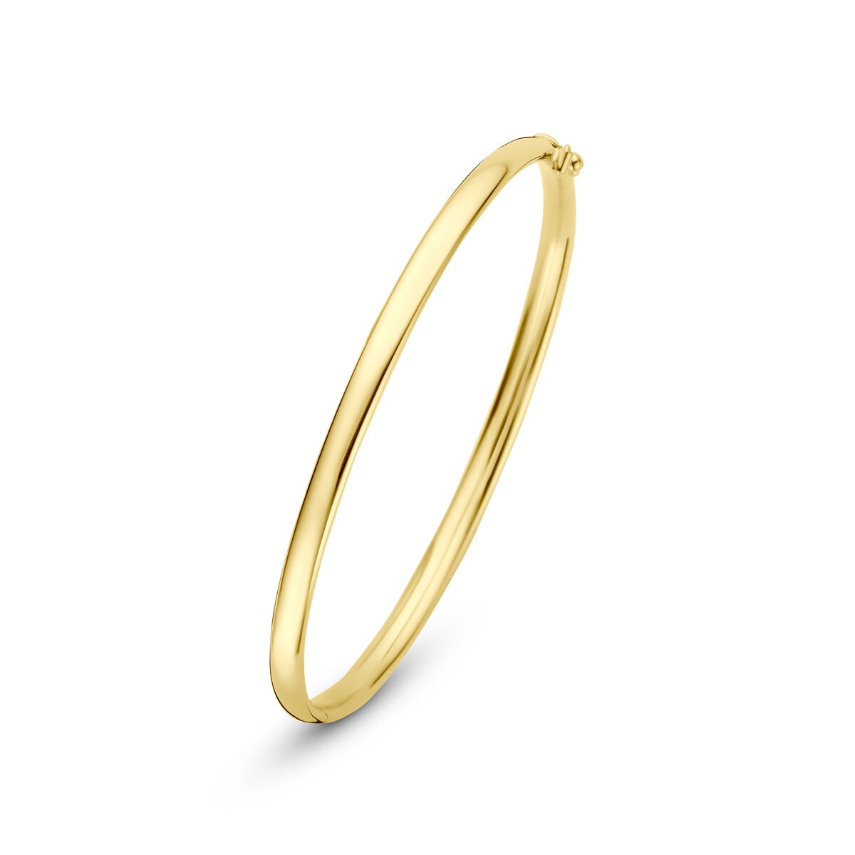 Brazalete de oro amarillo de 14k, diseño delgado de 4 mm, acabado brillante y forma circular.