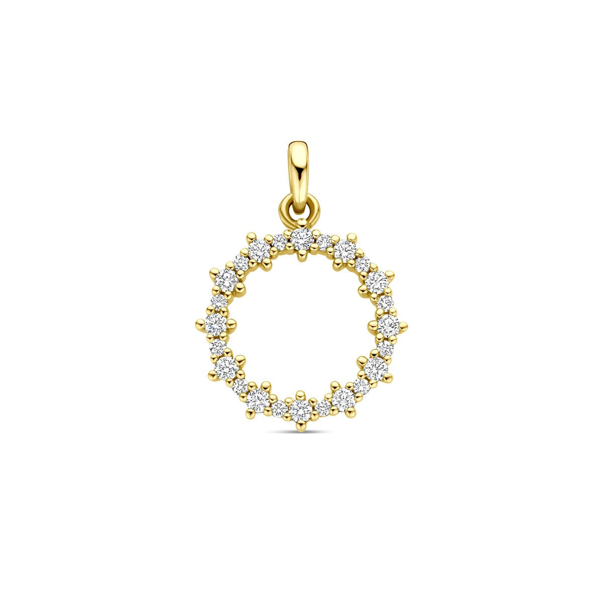 Colgante de oro amarillo de 14k con diamantes de 0,25 ct, forma circular y 18 mm de altura.