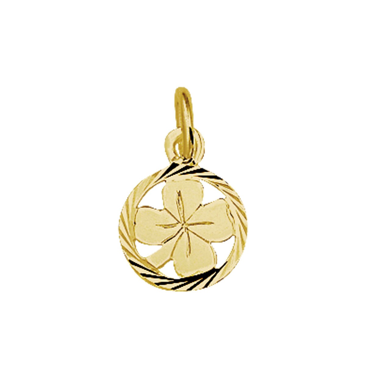Colgante de trébol de oro de 9 quilates con diseño grabado y borde trenzado.
