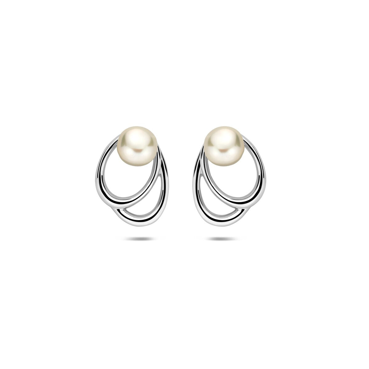 Pendientes de primera puesta de plata rodiada con perla blanca, diseño en forma de bucle, 12,5 mm.