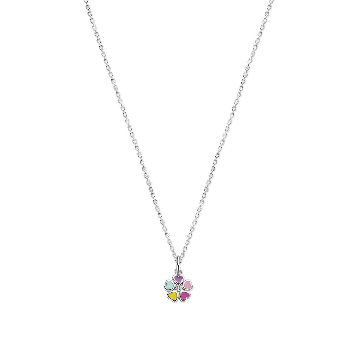Collar de plata infantil con colgante de flor en esmalte multicolor y circonitas.