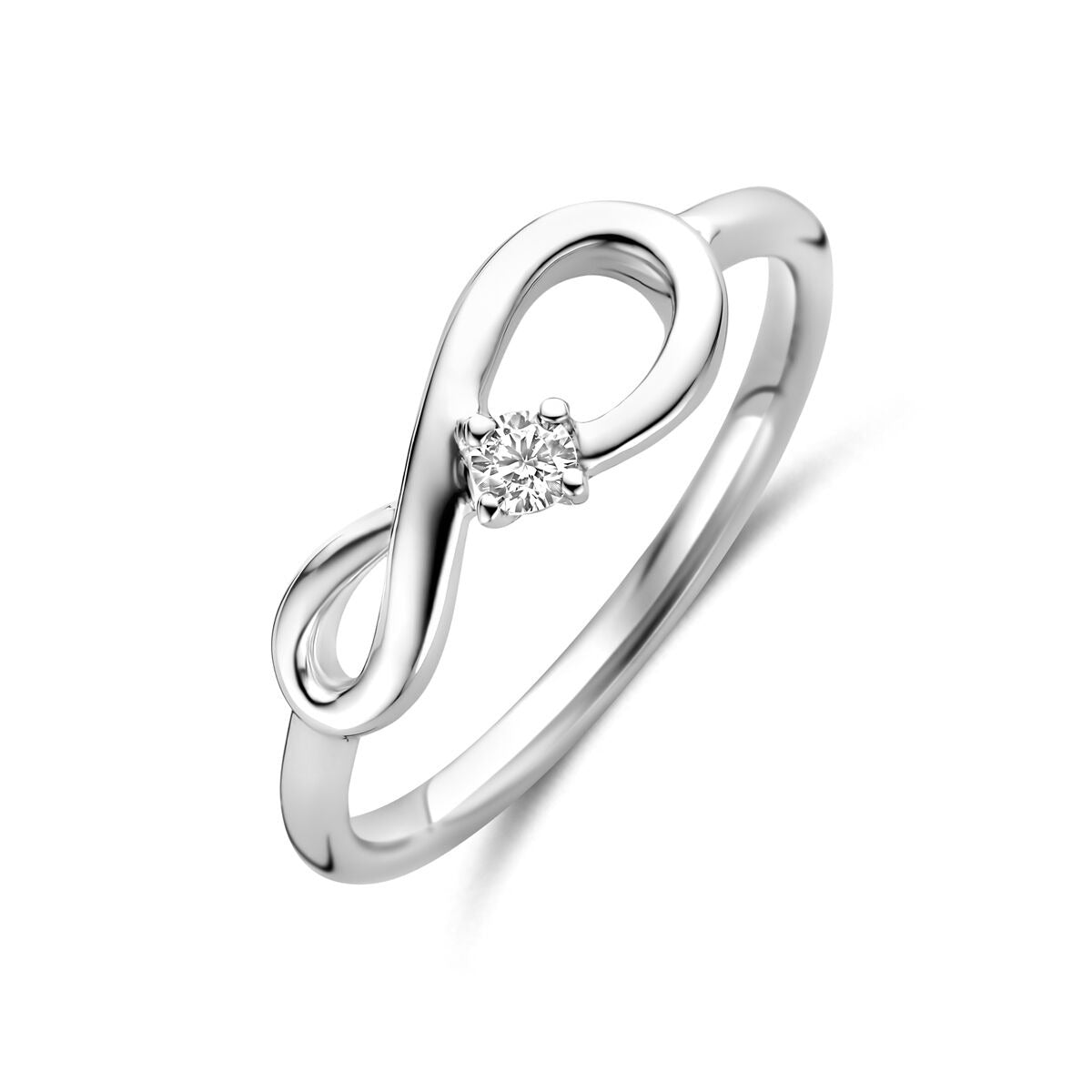 Anillo de plata rodiada para dama con símbolo de infinito y circonita, 6,5 mm de ancho.