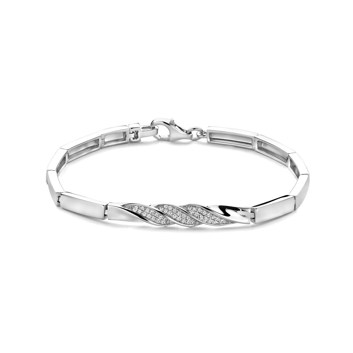 Pulsera de plata 925 rodiada con detalles de circonitas en forma de trenzado.