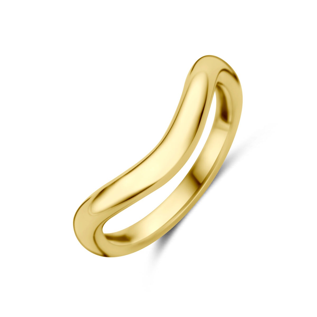 Anillo de oro amarillo de 14 quilates con diseño ondulado y acabado pulido.