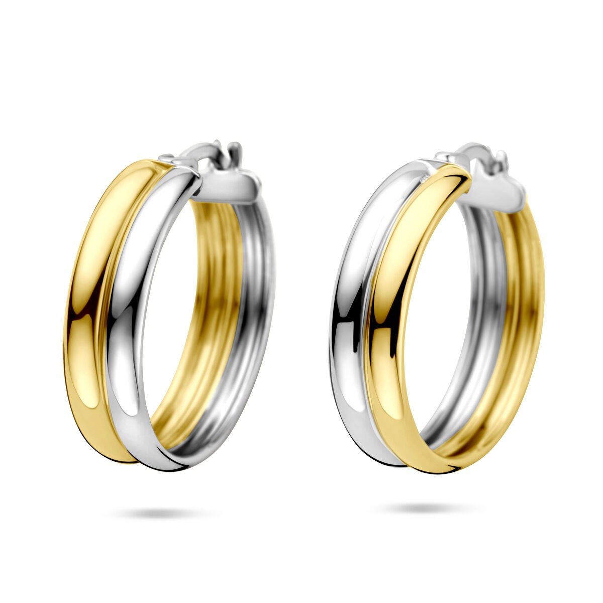 Aros bicolor de plata 925, con una mitad dorada y otra plateada, de 23x6 mm.