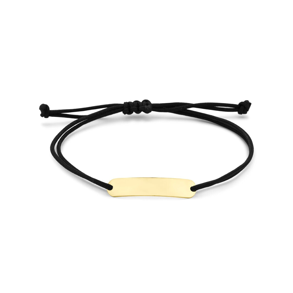 Pulsera de grabado en oro amarillo de 14k con cordón de poliéster negro.