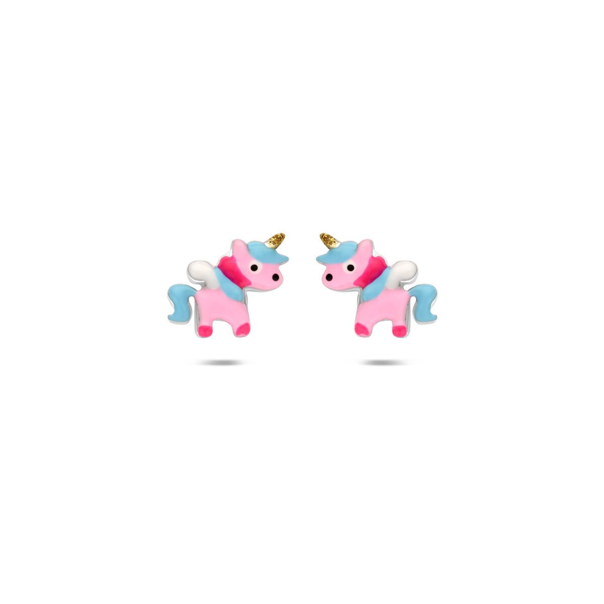 Pendientes de primera puesta de unicornio en plata 925 con acabado en rodio, en colores rosa y azul.