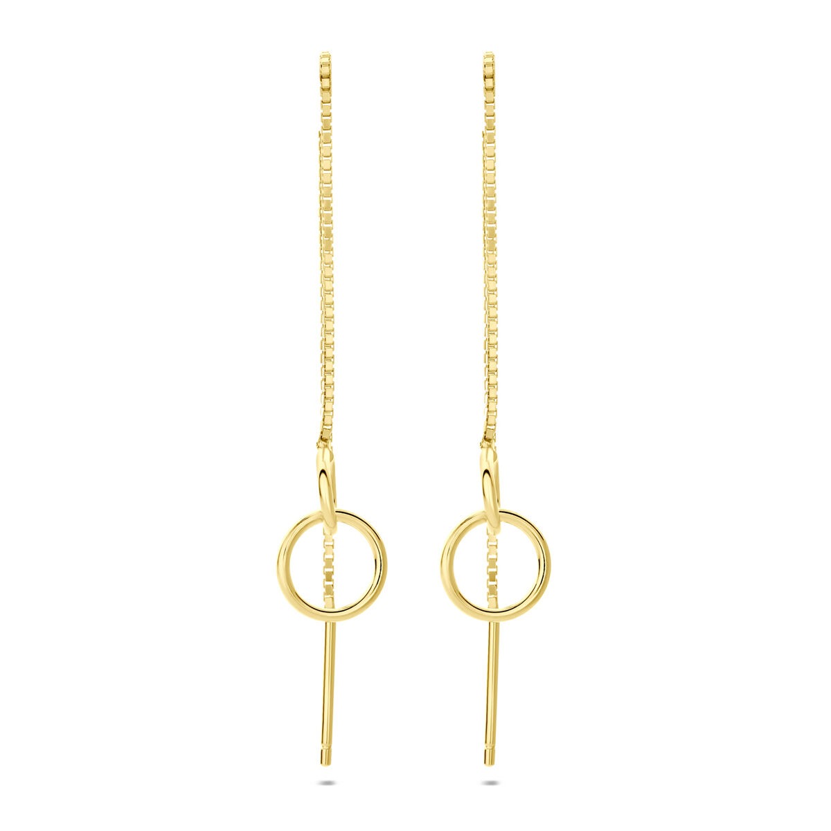 Pendientes largos de plata dorada con un diseño de aro y barra delgada.