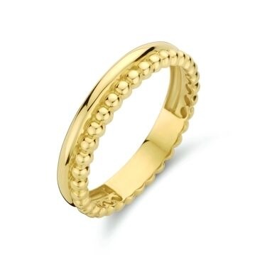 Anillo de oro amarillo de 9 quilates con motivo de bolitas, diseño juguetón y estilizado.