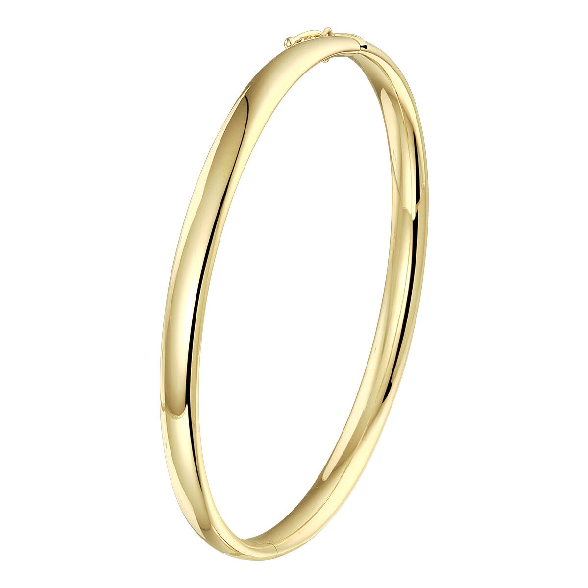 Brazalete de oro amarillo de 9 quilates con cierre de bisagra, diseño liso y brillante.