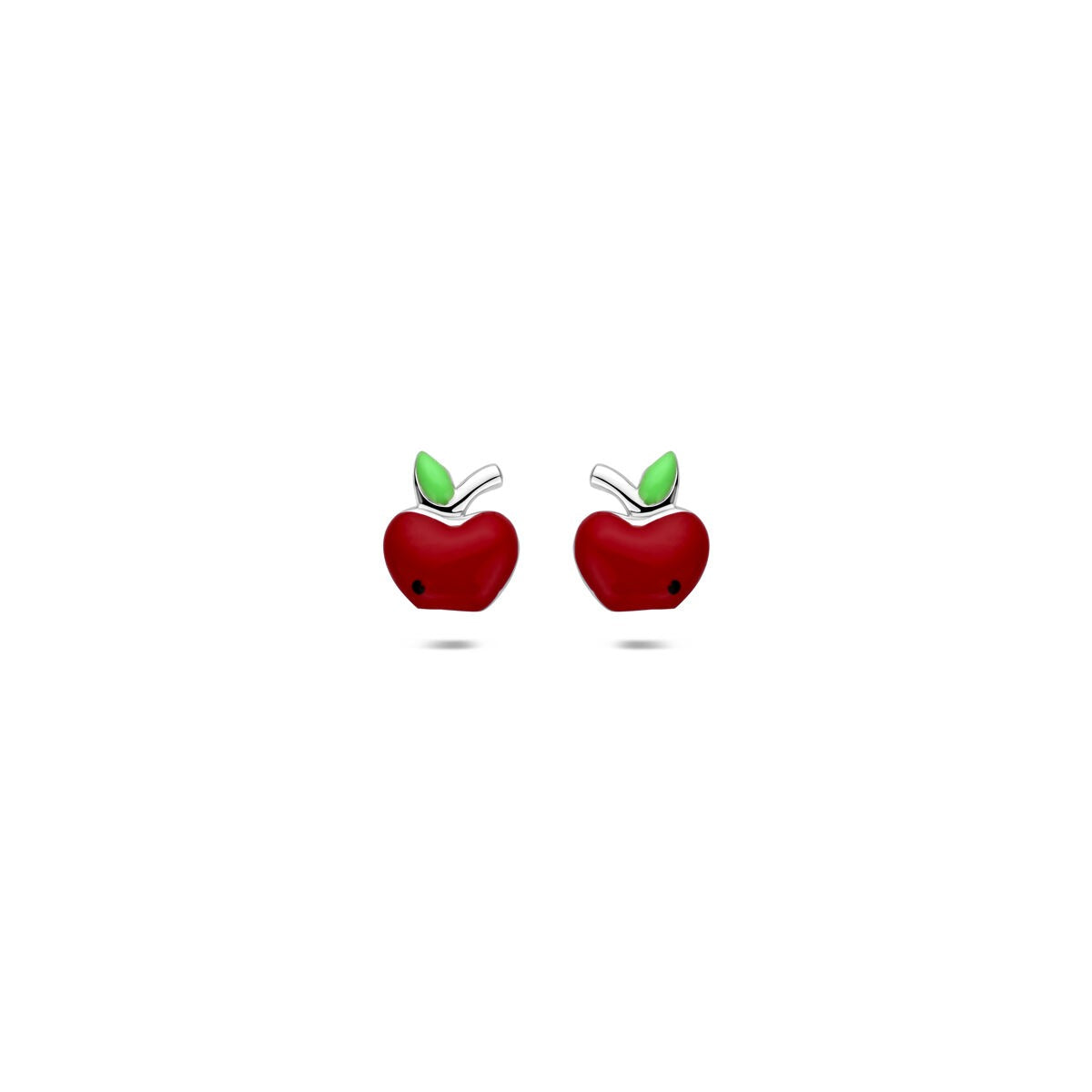 Pendientes de primera puesta en forma de manzana roja con hojas verdes, elaborados en plata 925.