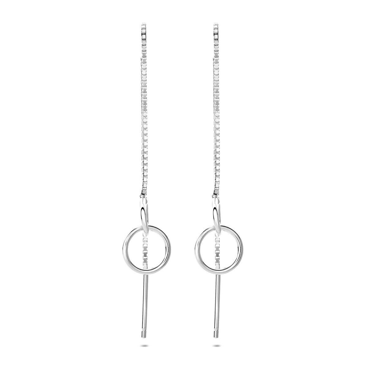 Pendientes largos de plata rodiada con un diseño de aro y barra delgada.
