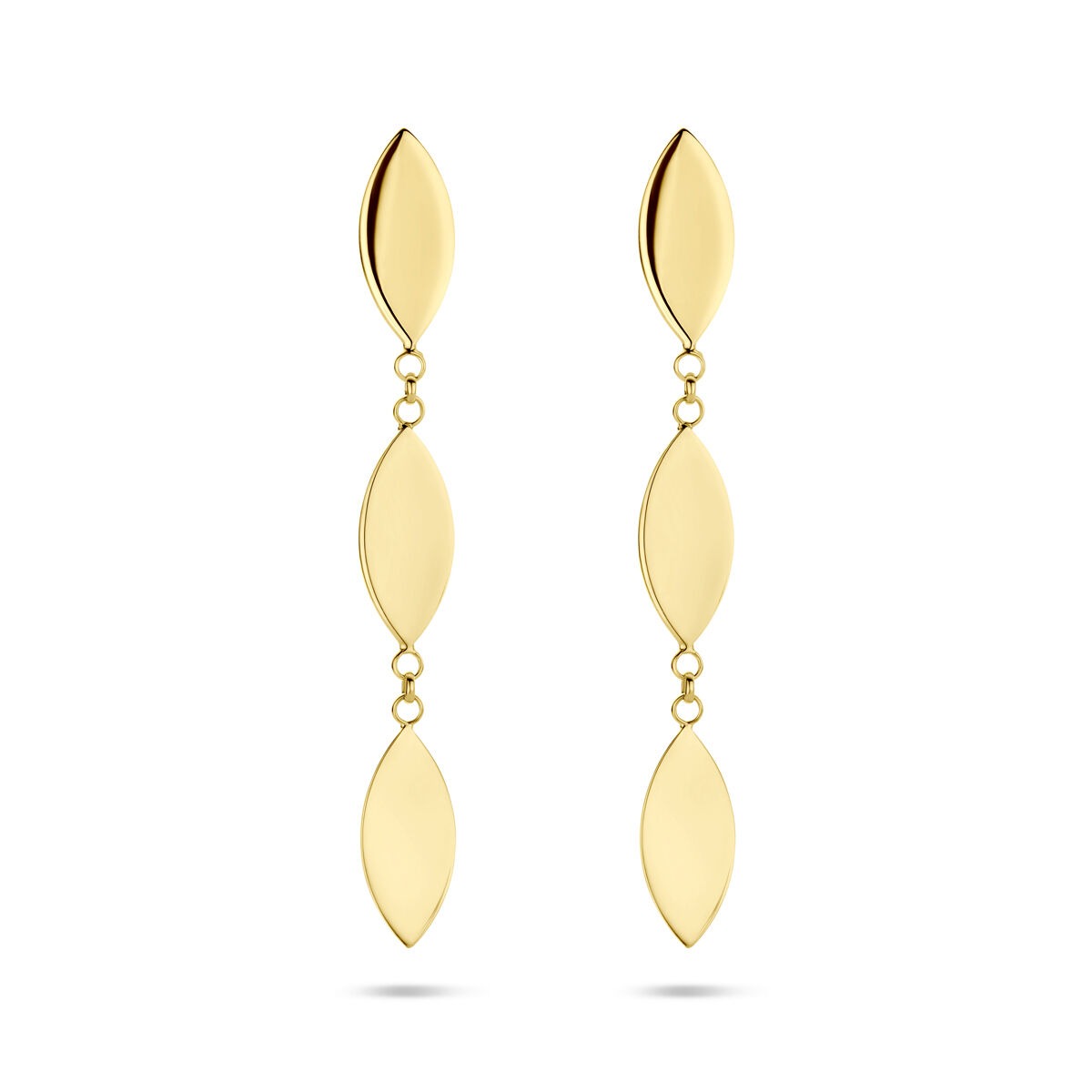 Pendientes largos de 14 quilates en oro amarillo con forma de hojas, de 37 mm de longitud.