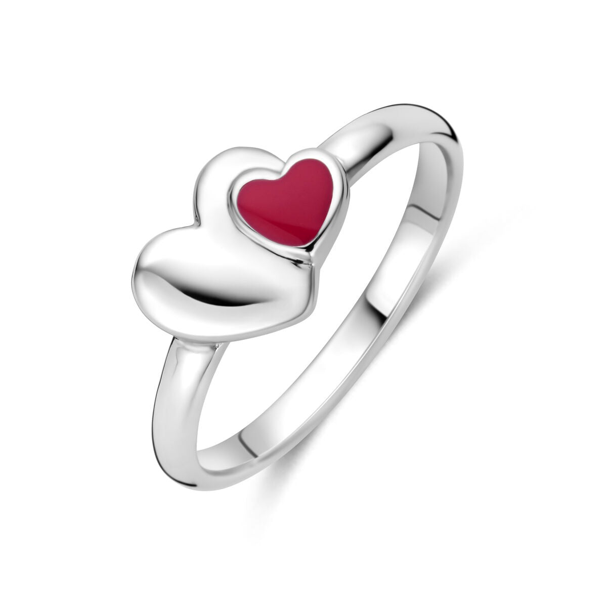 Anillo infantil de plata rodiada 925 con forma de corazón y detalle en color rojo.
